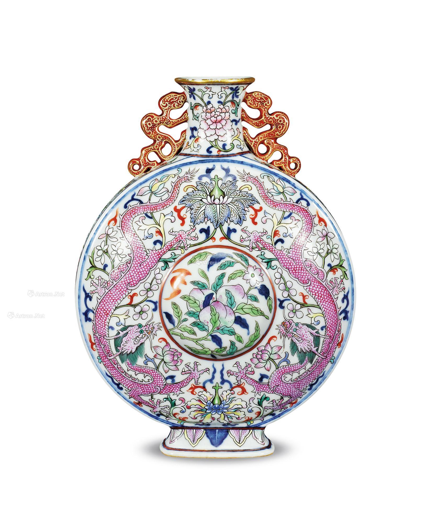 【清乾隆 青花粉彩雙龍捧壽紋抱月瓶】拍賣品_圖片_價(jià)格_鑒賞_清代粉彩瓷器