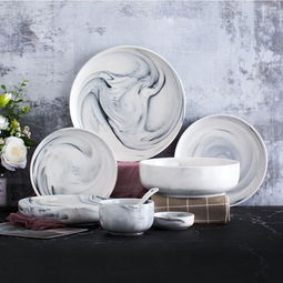 北歐創(chuàng)意大理石20頭套裝陶瓷餐具 盤子 家用菜盤早餐盤西餐盤餐具套裝湯碗飯碗