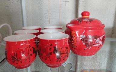 禮品茶具 7頭紅五牛圖空心杯茶具 功夫茶具套裝 德化陶瓷茶具