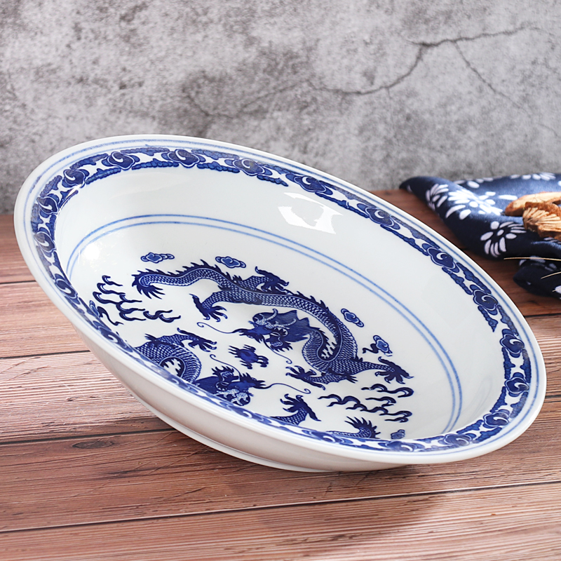 景德鎮(zhèn)陶瓷盤(pán)子 青花瓷雙龍菜盤(pán) 瓷器湯盤(pán) 特惠咼盤(pán) 7寸8寸米飯盤(pán)
