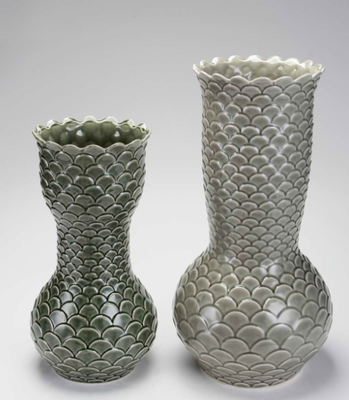 魚鱗紋菠蘿紋綠灰色陶瓷花瓶花插擺件明清古典新中式花瓶花器擺件